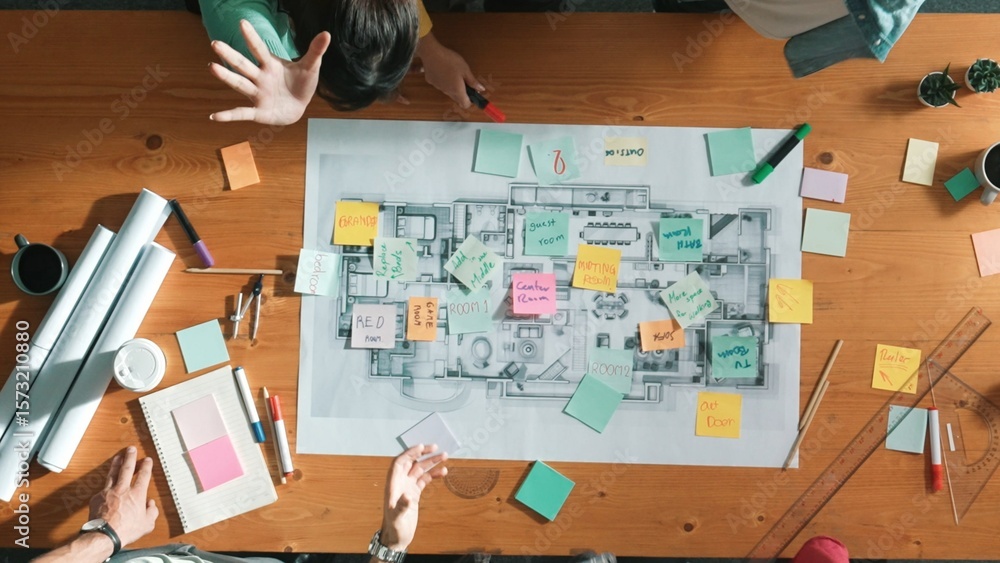 Poster top view of smart business team work together and holding wrist together at meeting room. aerial vie