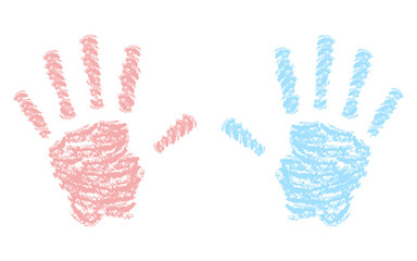 Pink and blue chalk handprints. Child hand drawn style for baby shower design, gender reveal concept, preschool posters, kids prints, and family themes.