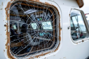 Obraz premium Broken Vessel Window: The shattered glass of a vessel window reveals a distorted reflection of the world outside, offering a unique and intriguing perspective.
