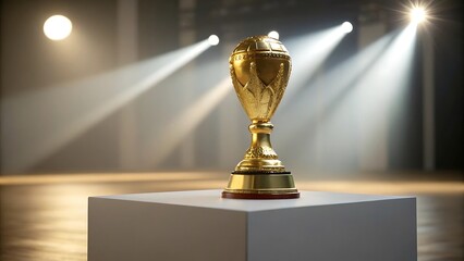 3D Render Golden Trophy on Minimal Pedestal - Achievement Award
