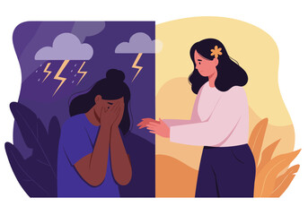 Obraz premium One individual provides empathetic assistance to another person struggling with sadness and difficult emotions, illustrating mental health support and healing.