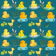 Seamless pattern illustration of duck, pond and water lily