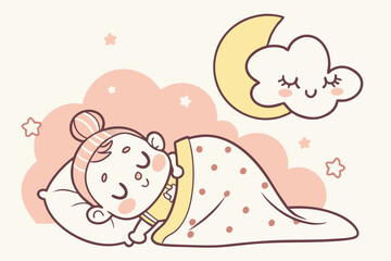 Peaceful baby sleeping under moon and stars vector