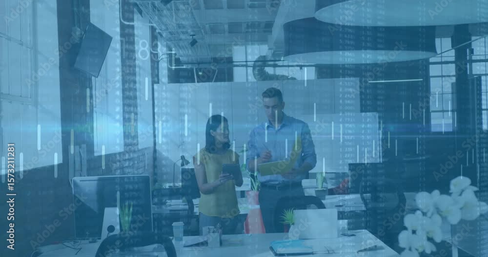 Poster woman tapping tablet initiating business data overlay on yellow folder while man reviewing docs