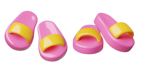 Summer slippers 3d icons set. Beach woman slides flip flops on pink platform. Vector illustration