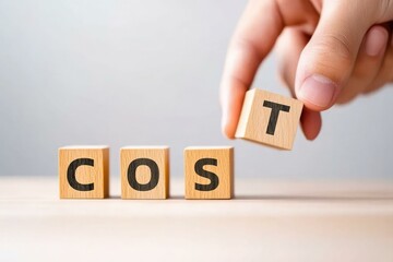 A hand placing the letter T onto wooden blocks that spell the word "COST" symbolizing financial considerations and business expenses in a creative and artistic way.