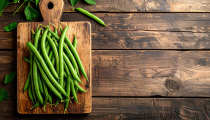 Fresh green beans on rustic wooden cutting board with leaves