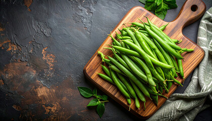 Fresh green beans resting on a wooden cutting board, creating a vibrant and healthy culinary scene