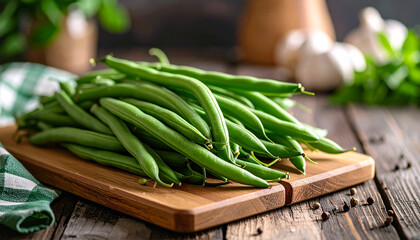 Fresh green beans resting on a wooden cutting board in a rustic kitchen setting
