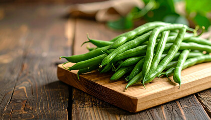Fresh green beans resting on a wooden cutting board in a rustic kitchen setting