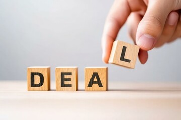 A hand rearranges wooden blocks to spell out the word 'DEAL', representing a business agreement or transaction concept in a professional setting.