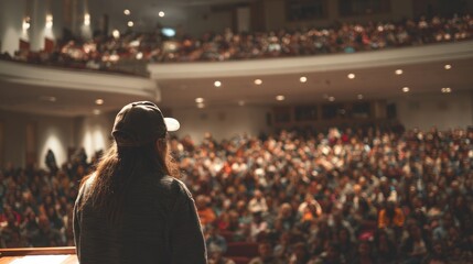 Speaker addressing a large audience in a hall