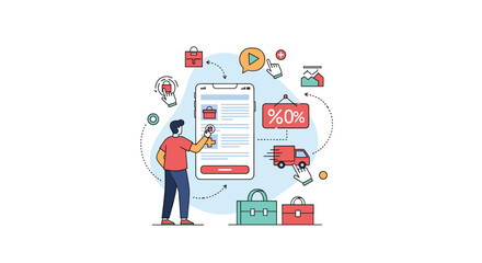 Online shopping experience illustration with a person choosing products from a mobile app featuring discounts and delivery services for a convenient customer journey