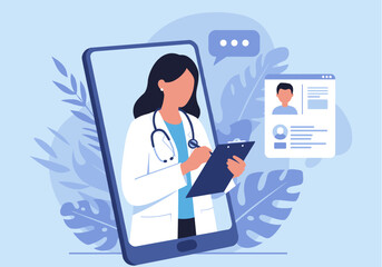 An illustration shows a physician offering remote healthcare assistance via a mobile phone, representing digital medical support and virtual appointments.