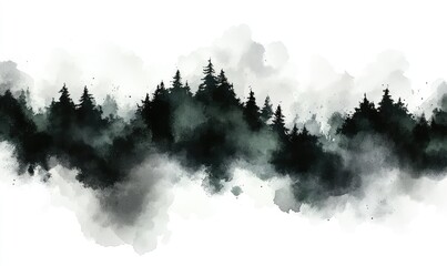 Silhouetted forest range, watercolor style, hazy