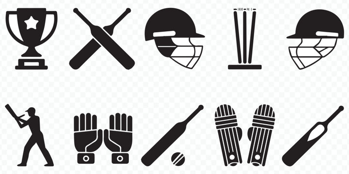 professional cricket gear icon pack: vector trophy, bats, helmet, stumps, bat and ball, gloves, pads silhouettes