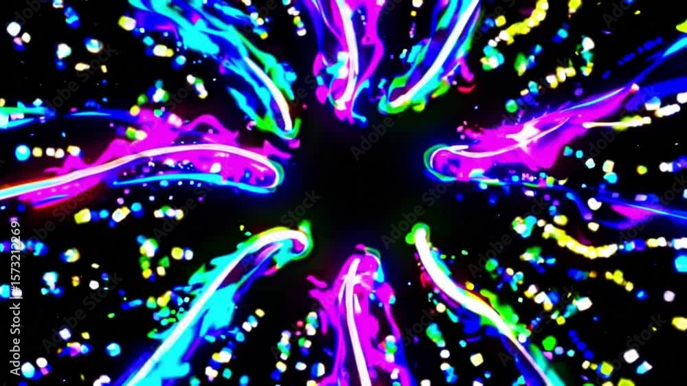 Poster abstract colorful light display with vibrant streaks and glowing particles on a black background