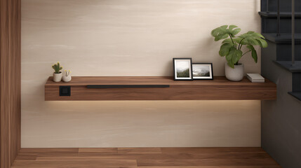 A close-up of an empty shelf with neatly arranged books and photo frames, set against a minimalistic and clean interior background, conveying a cozy and organized home atmosphere.
