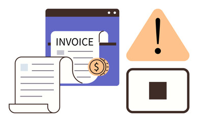 Financial document labeled invoice with coin, warning triangle, square button. Ideal for billing, payment, alert systems, finance management, accounting, business notifications simple flat metaphor