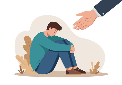 A depressed young man sits alone outdoors, embracing his knees, as a helping hand extends towards him from above, offering support and hope in a moment of despair.