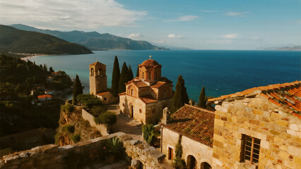 A picturesque view of a historic church overlooking the tranquil sea and distant mountains.