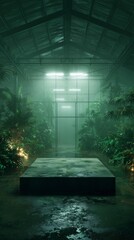 Brutalist Podium in foggy greenhouse with neon grow lights. Copy Space. Generative AI