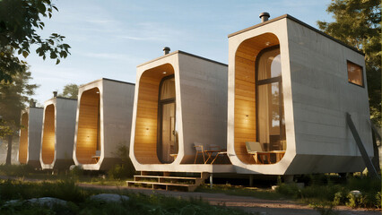 Row of modern, minimalist prefabricated cabins with unique rounded doorways nestled in a grassy, wooded area.