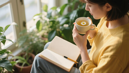 Woman enjoys a peaceful moment, sipping tea and reading a notebook by a sunlit window, surrounded by plants.