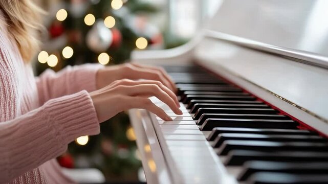 Piano performance with christmas tree sparkle holiday musical celebration