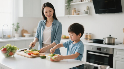 A mother and son preparing a meal together in a bright kitchen.