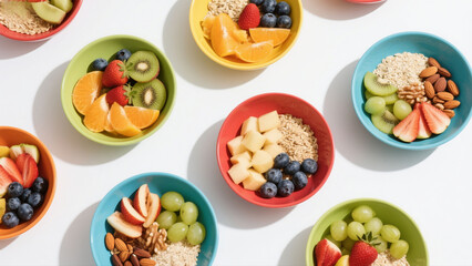 Colorful bowls of healthy breakfast oatmeal topped with various fruits and nuts arranged in a grid pattern.