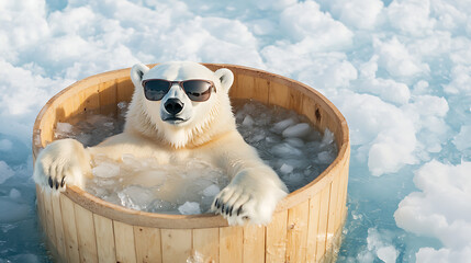 Cool polar bear relaxing in a tub of ice water, wearing sunglasses. A humorous take on a bear's natural habitat, blending relaxation with icy landscapes.