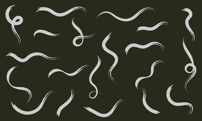 Brush line stroke squiggly paint set on chalkboard. Hand drawn doodle swirl wave brush curly charcoal stroke. Line squiggly paint curly hand drawn ink calligraphy elements. Vector&nbsp;illustration. 