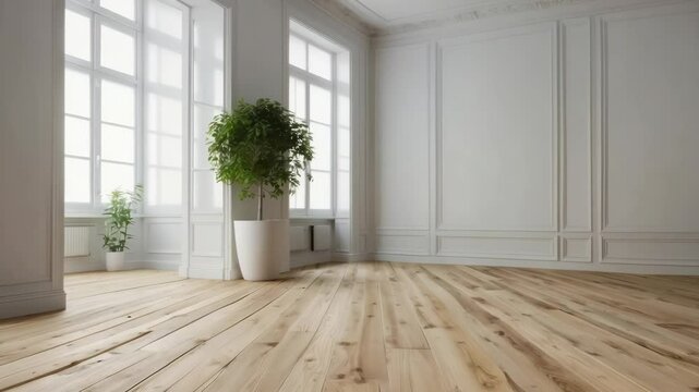 Bright room with white walls, wood floor and potted green plants by the windows.