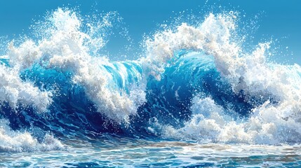Fototapeta premium Ocean waves crashing on shore, sunny sky, summer beach background, travel poster