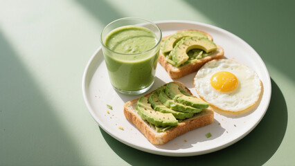A plate with avocado toast, a fried egg, and a green smoothie, presented on a light green surface with shadows.