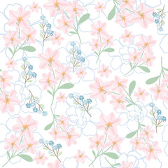 coquette seamless pink and blue flowers pattern. 