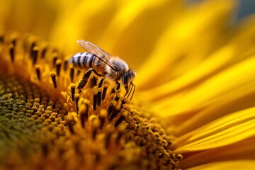 Detailed macro shot of a honeybee collecting pollen from the center of a vibrant yellow sunflower
