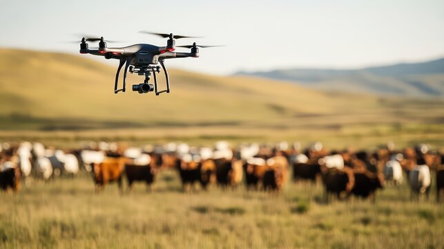 Drone Surveying Cattle Herd in Open Field with Rolling Hills and Sunlight - Powered by Adobe