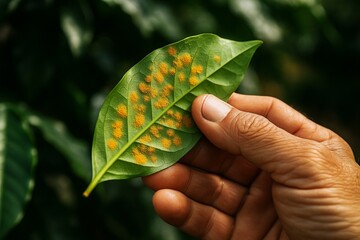 Coffee leaf rust observed by farmer holding infected leaf