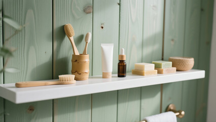 A white shelf holds toiletries, including toothbrushes, a tube, a bottle with dropper, and soaps, against a green wooden wall.