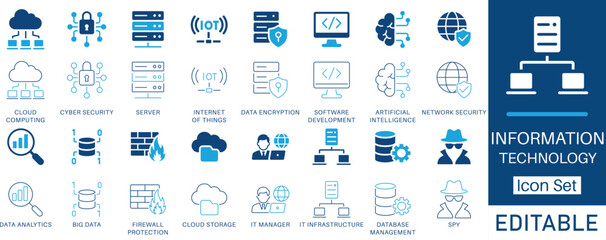 Information Technology icon set collection. Includes AI, cybersecurity, IoT, cloud computing, big data, encryption, server, analytics, IT manager and more.