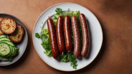 Grilled sausages with fresh vegetables and herbs on rustic plates
