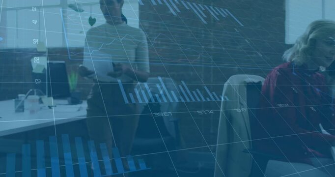 Business charts shifting causing woman showing chart on tablet, analyzing laptop data with man