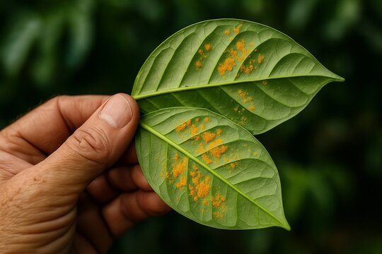 Coffee leaf rust on underside of coffee leaf held by farmer