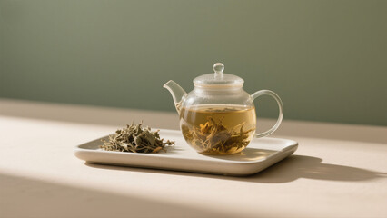 A glass teapot filled with blooming tea rests on a minimalist tray, bathed in soft sunlight.
