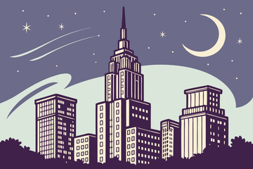 Stylized city skyline at night with crescent moon stars skyscrapers