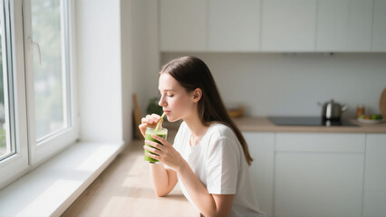 Woman enjoys a healthy green smoothie by a bright window in her modern kitchen.