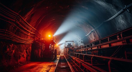 Fototapeta premium Copper Mine Tunnel: Industrial Lights, Conveyor Belts into Darkness