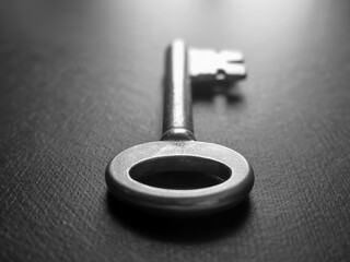 Close up of an antique metal key with a textured background